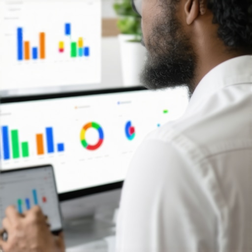 Local Business Optimization and Analytics Business owner analyzing local SEO performance with charts and community interactions.