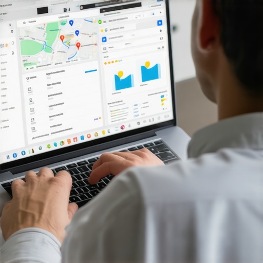 Using Data Analytics for Local SEO Business owner analyzing local SEO data on laptop with Google Maps interface.