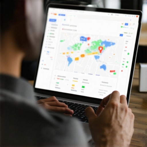Business strategist analyzing local SEO data on a laptop with Google Maps in the background.