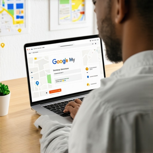 Business owner updating Google My Business profile on laptop with local maps and reviews.