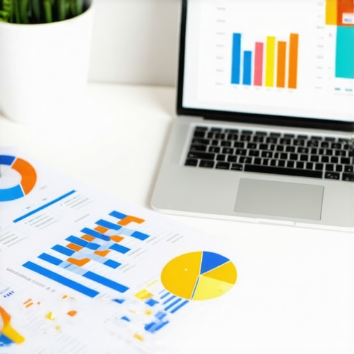 Desk with SEO software, charts, and a laptop displaying local SEO analytics.