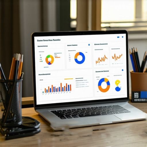 A workspace with SEO analytics dashboards on screens, including Google Search Console and SEMrush.