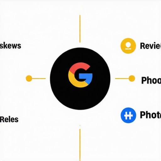 Optimized GMB Profile Elements Illustration of a Google My Business profile highlighting reviews, photos, categories, and description sections.