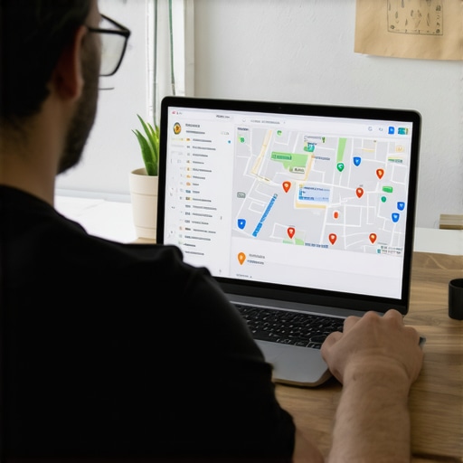 Business owner optimizing Google My Business profile on a laptop with maps and charts.