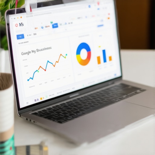 Business owner updating GMB listing on a laptop with analytics charts