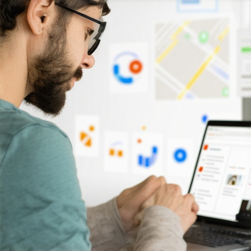 Business owner editing Google My Business listing with analytics display in background.
