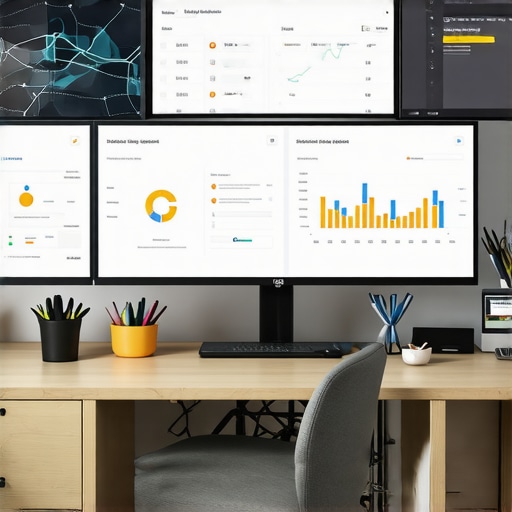 A modern office setup showing screens with local SEO metrics and ranking reports.