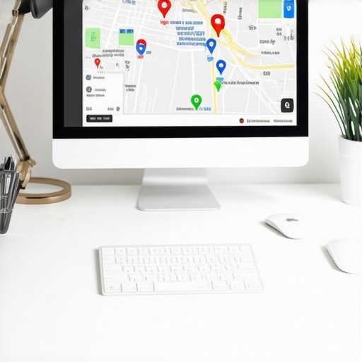 A workspace showing SEO software and Google Maps on a computer screen, emphasizing local search management.