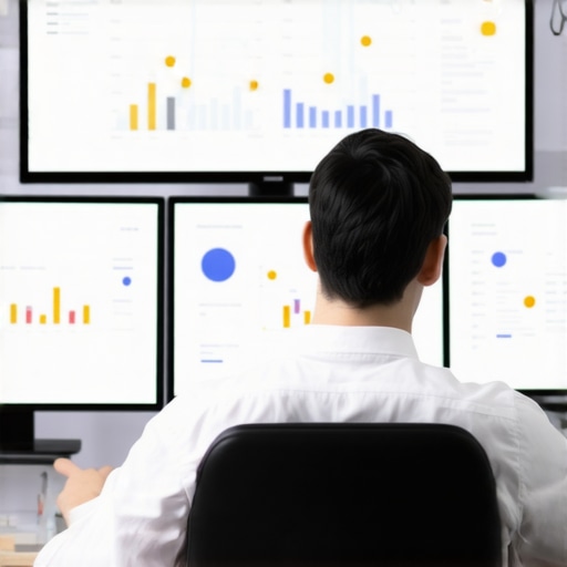 An analyst working with SEO and local maps tools displayed on screens, analyzing rankings and strategies