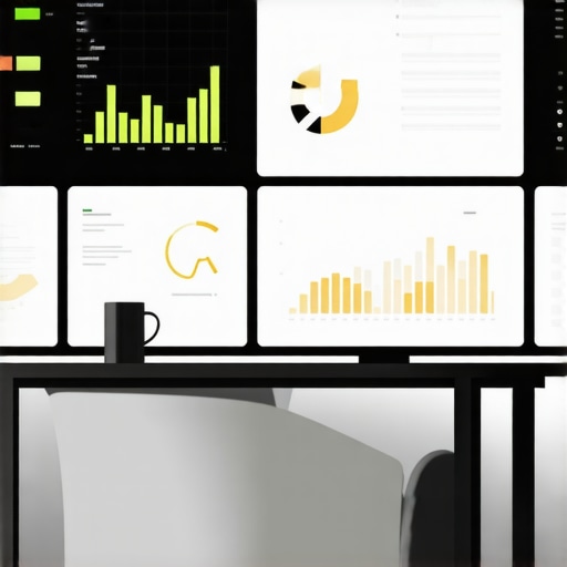 A workspace with monitors displaying SEO analytics, review tracking, and content optimization dashboards.