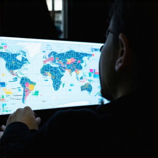A person studying a digital visualization of local map signals and SEO signals spectrum.