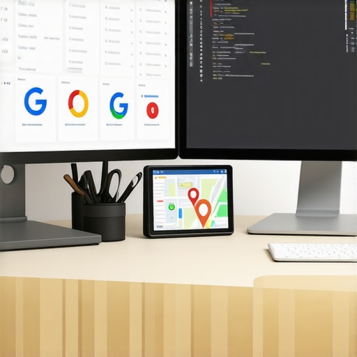 A modern desk with monitors showing data dashboards, GPS maps, and review platforms for local map management.