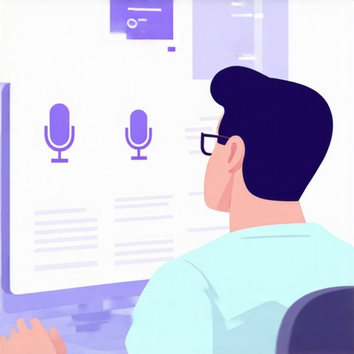 Person analyzing voice search keywords on a laptop with voice icons.