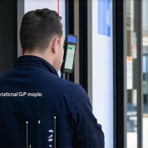 Technician calibrating AR depth data using GPS tools outside a business location.