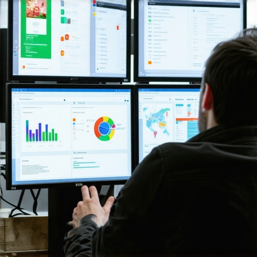 Person reviewing detailed local SEO reports with graphs and maps on computer screens for Map Pack optimization.