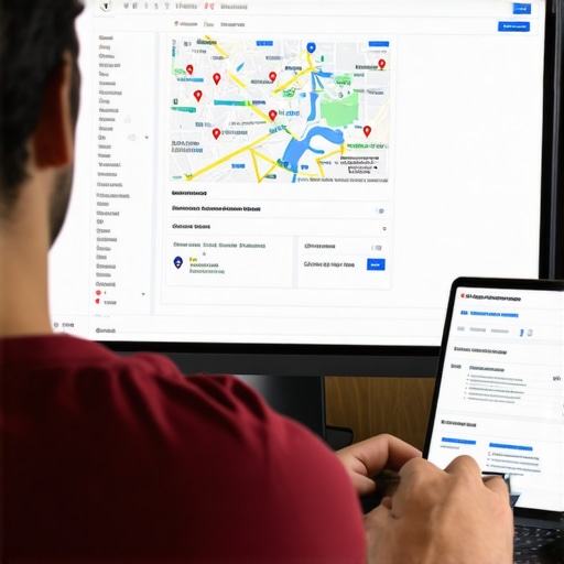 Expert studying local SEO signals on a computer screen with maps and data visualizations
