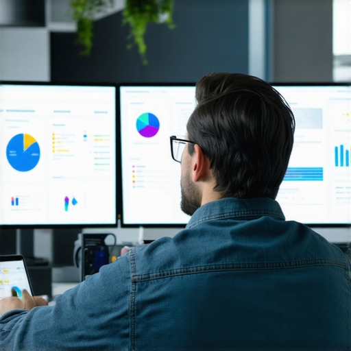 A person working with multiple screens displaying SEO analytics and geospatial data for local listings
