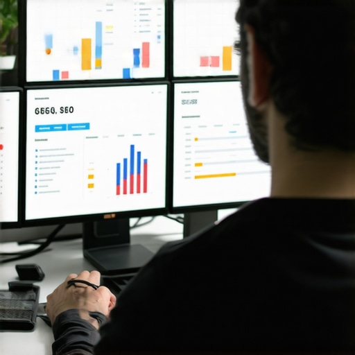 A digital marketer reviewing local search analytics on computer screens