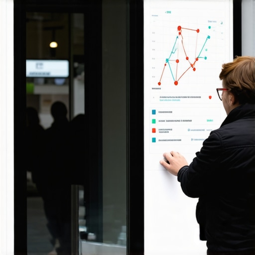 Business owner reviewing foot traffic patterns with digital map overlays.