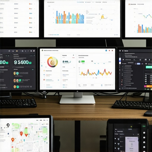 Workspace with screens displaying local map rankings and analytics