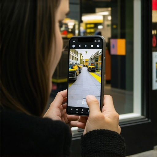 Individual capturing AR environment data with smartphone at storefront