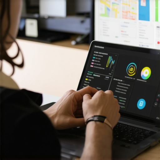 Person analyzing local SEO metrics on a laptop with maps and analytics graphs.